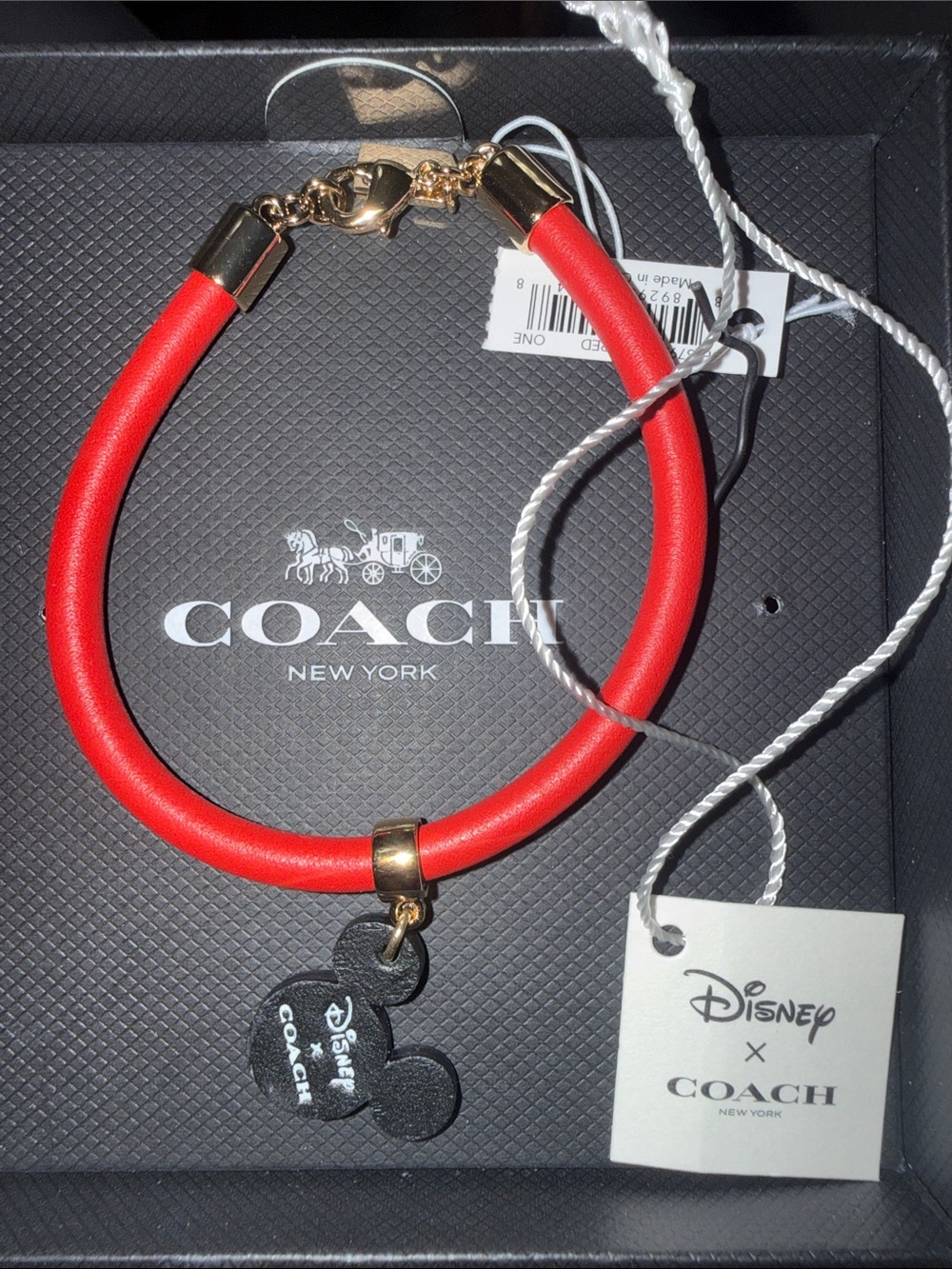 Coach Disney x Coach Red Leather Key/Card Holder with Black Mickey Charm